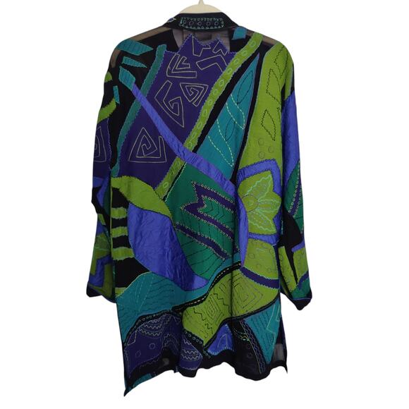 Vintage Chico's Women's Sz 2 (L) Green Blue Silk Jacket Geometric Art to Wear - Picture 4 of 7